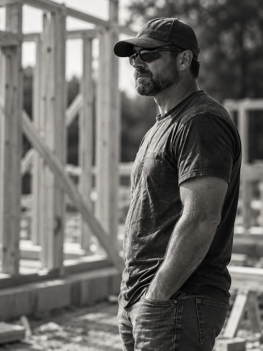 Illustrative portrait of a man in a cap and sunglasses at a timber-framing site