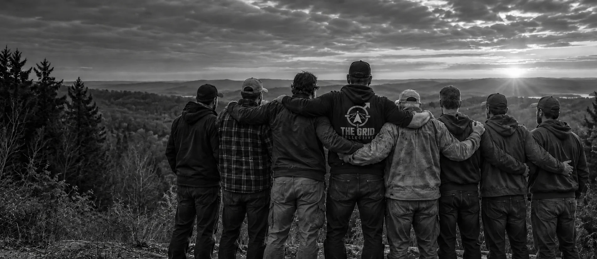 Illustration of eight men standing shoulder to shoulder overlooking wooded hills at sunset